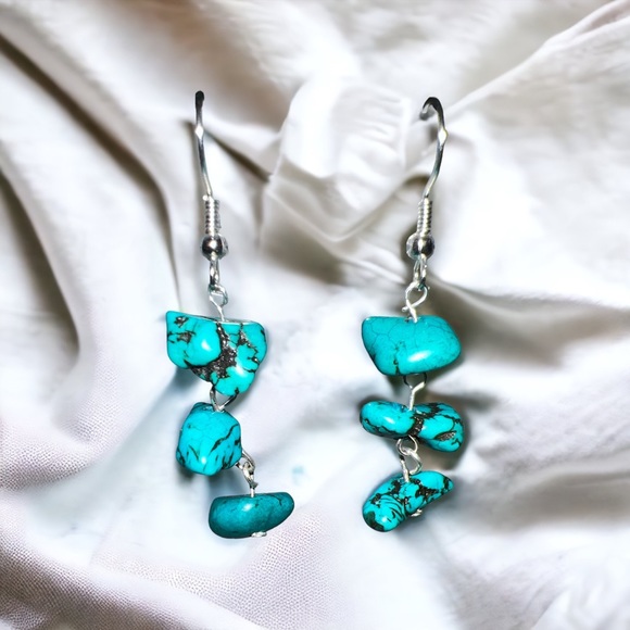 Genuine Turquoise Stone 3 Tiered Drop Dangle Earrings. - Picture 2 of 4